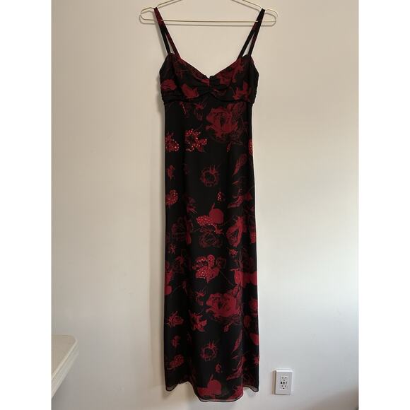 Nicole Miller Dresses & Skirts - Vintage Nicole Miller Y2K Black Red Gothic Floral Fairy Sequin Silk Dress Size 0